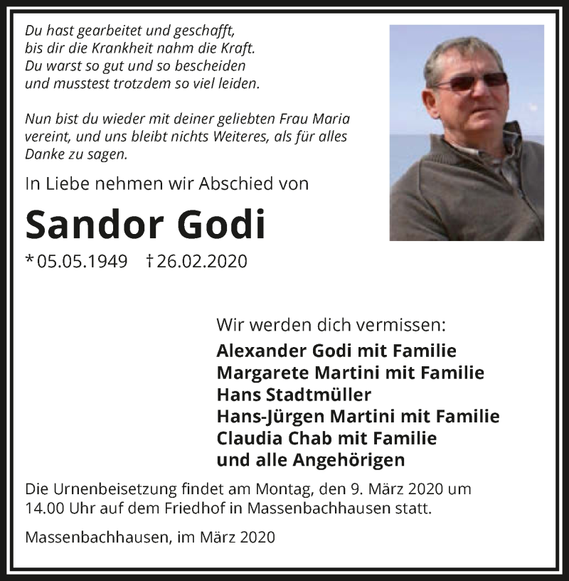  Traueranzeige für Sandor Godi vom 03.03.2020 aus 