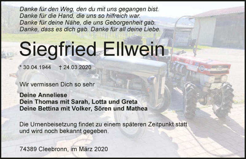  Traueranzeige für Siegfried Ellwein vom 27.03.2020 aus 