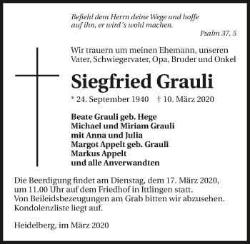 Traueranzeige von Siegfried Grauli 