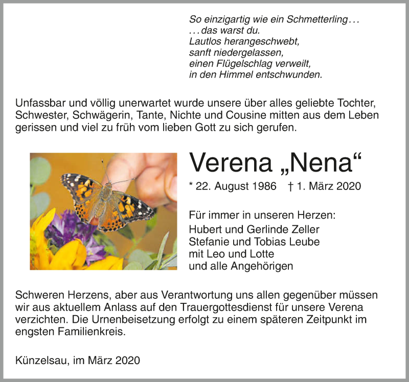  Traueranzeige für Verena Zeller vom 21.03.2020 aus 