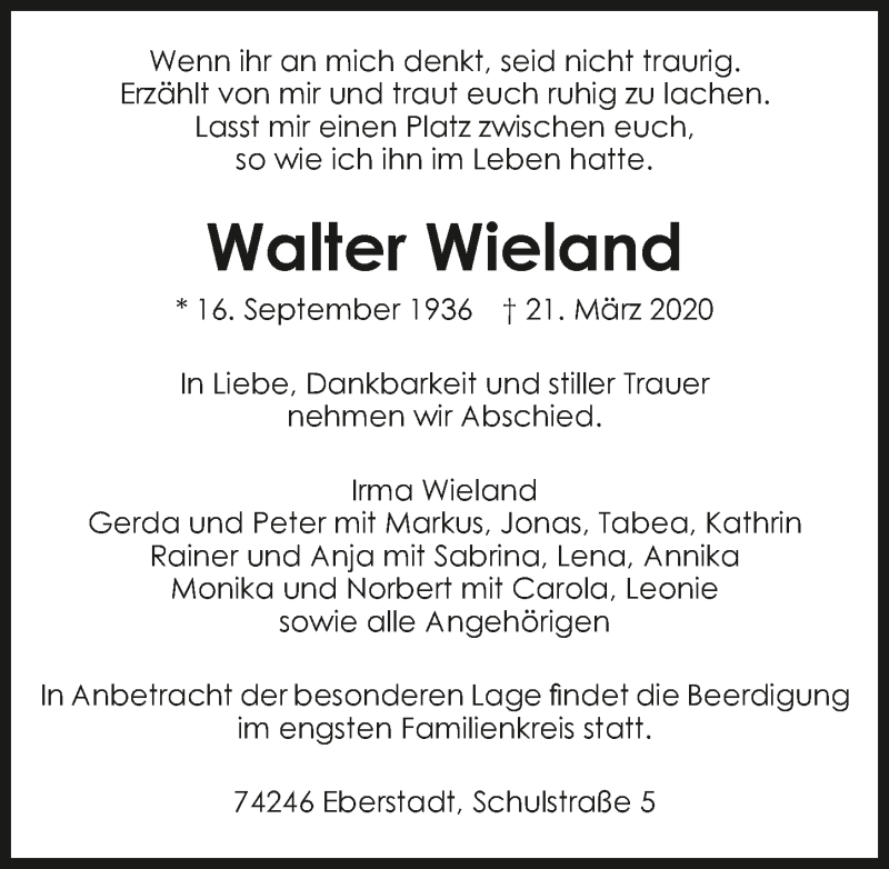  Traueranzeige für Walter Wieland vom 25.03.2020 aus 