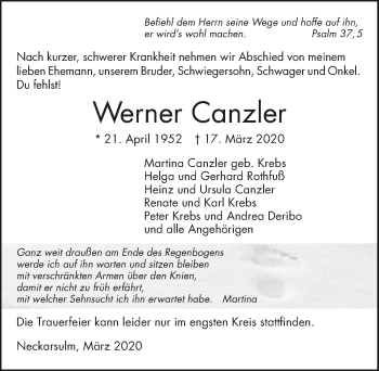 Traueranzeige von Werner Canzler 