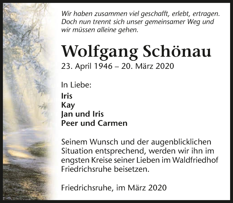  Traueranzeige für Wolfgang Schönau vom 28.03.2020 aus 