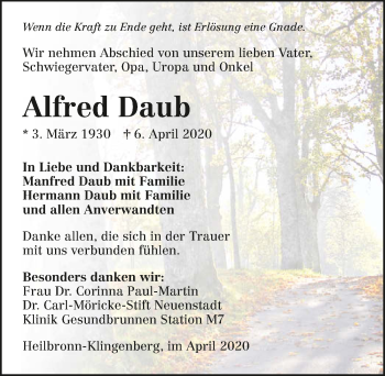 Traueranzeige von Alfred Daub 