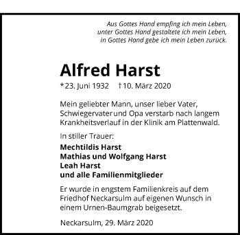 Traueranzeige von Alfred Harst 