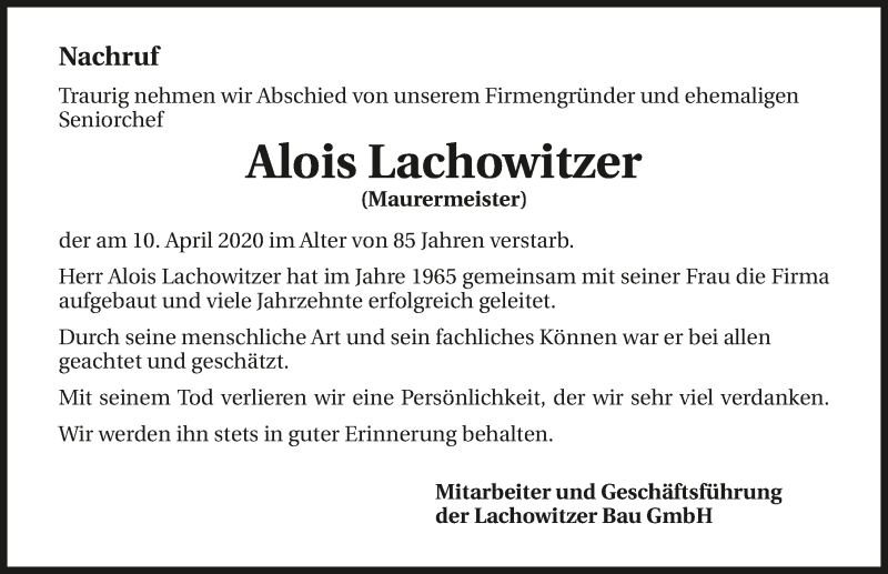  Traueranzeige für Alois Lachowitzer vom 23.04.2020 aus 