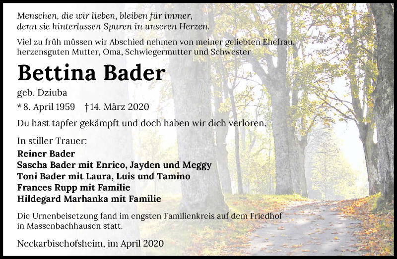  Traueranzeige für Bettina Bader vom 09.04.2020 aus 