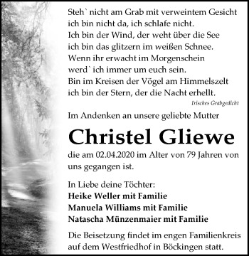 Traueranzeige von Christel Gliewe 