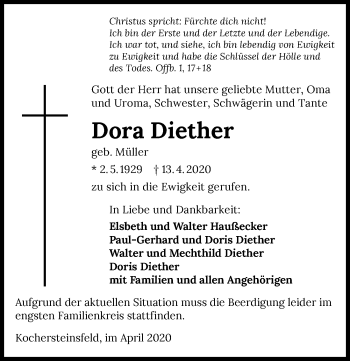 Traueranzeige von Dora Diether 