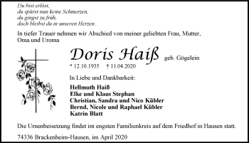 Traueranzeige von Doris Haiß 