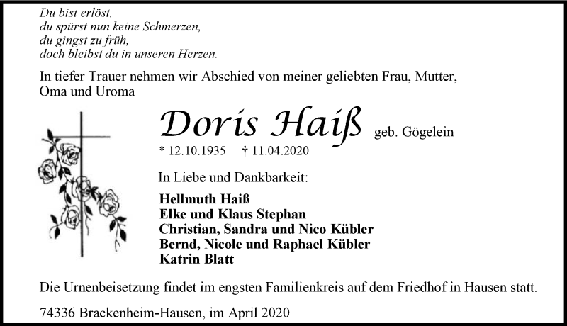  Traueranzeige für Doris Haiß vom 18.04.2020 aus 