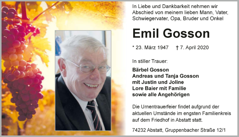  Traueranzeige für Emil Gosson vom 11.04.2020 aus 