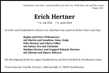 Traueranzeige von Erich Hertner 