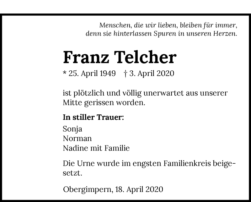  Traueranzeige für Franz Telcher vom 18.04.2020 aus 
