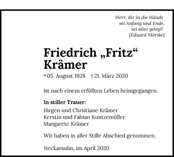 Traueranzeige von Friedrich Krämer 