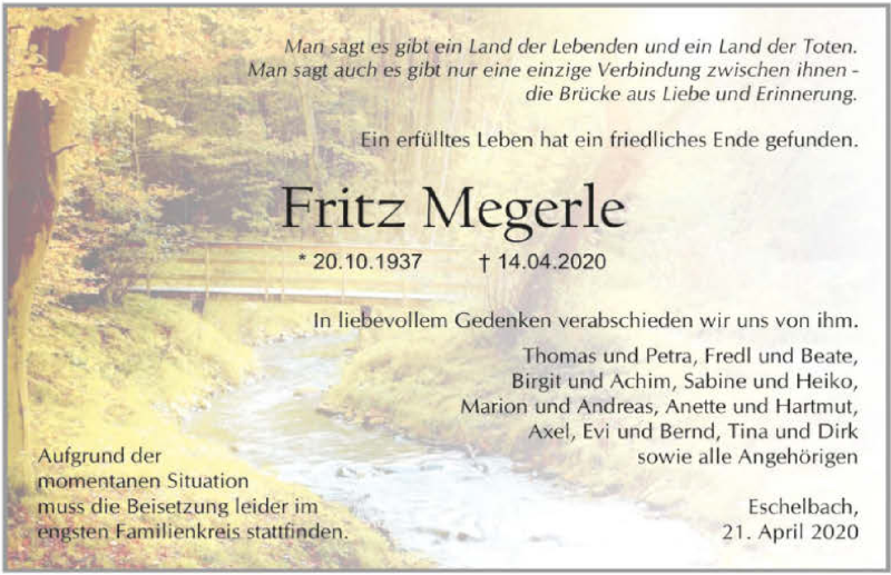  Traueranzeige für Fritz Megerle vom 21.04.2020 aus 