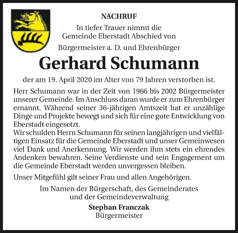  Traueranzeige für Gerhard Schumann vom 23.04.2020 aus 
