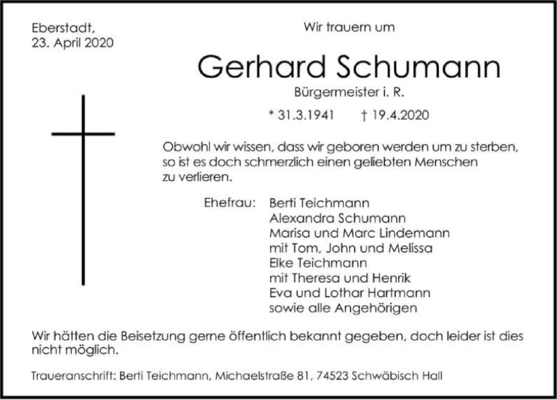  Traueranzeige für Gerhard Schumann vom 23.04.2020 aus 