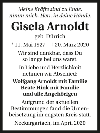 Traueranzeige von Gisela Arnoldt 