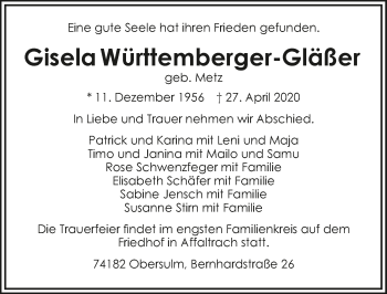 Traueranzeige von Gisela Württemberger-Gläßer 