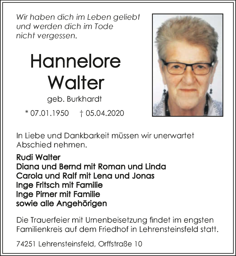  Traueranzeige für Hannelore Walter vom 11.04.2020 aus 