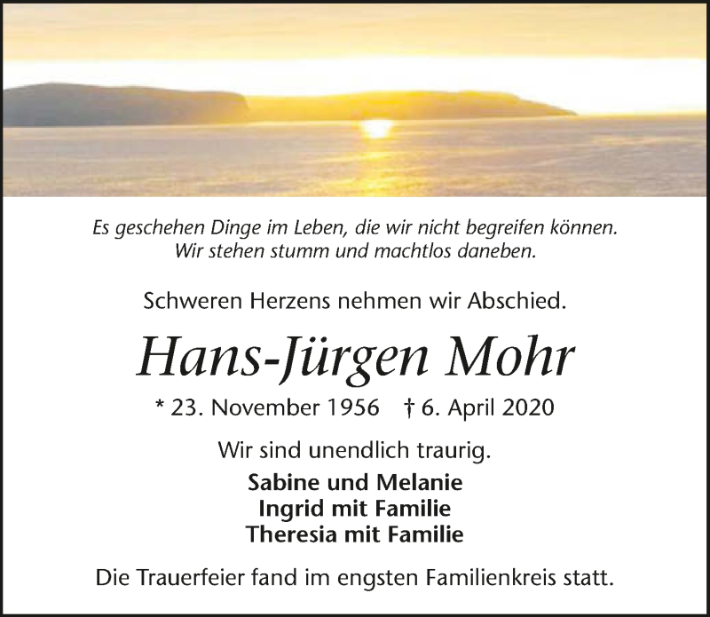  Traueranzeige für Hans-Jürgen Mohr vom 11.04.2020 aus 