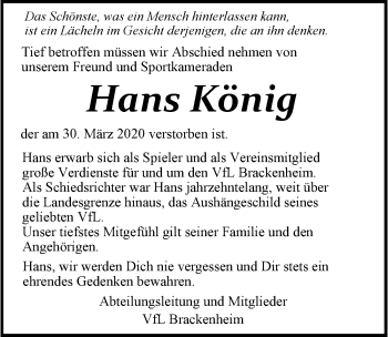 Traueranzeige von Hans König 