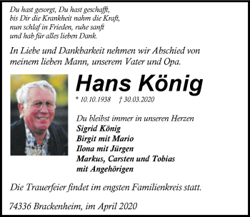 Traueranzeige von Hans König 