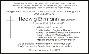 Traueranzeige von Hedwig Ehrmann 