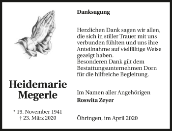 Traueranzeige von Heidemarie Megerle 