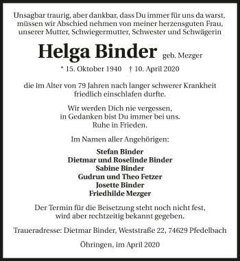 Traueranzeige von Helga Binder 