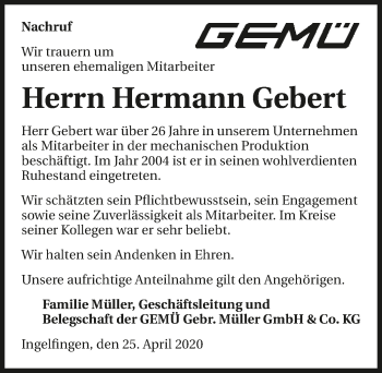 Traueranzeige von Hermann Gebert 