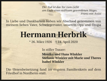 Traueranzeige von Hermann Herbrik 