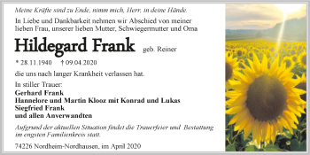 Traueranzeige von Hidegard Frank 