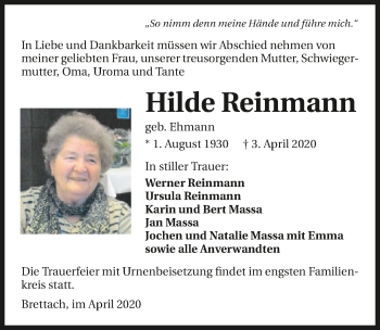 Traueranzeige von Hilde Reinmann 
