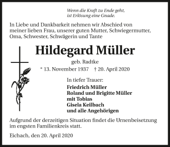 Traueranzeige von Hildegard Müller 