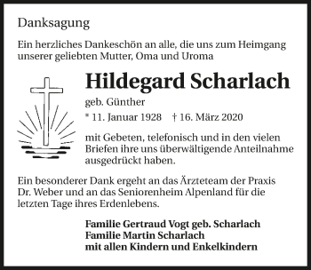 Traueranzeige von Hildegard Scharlach