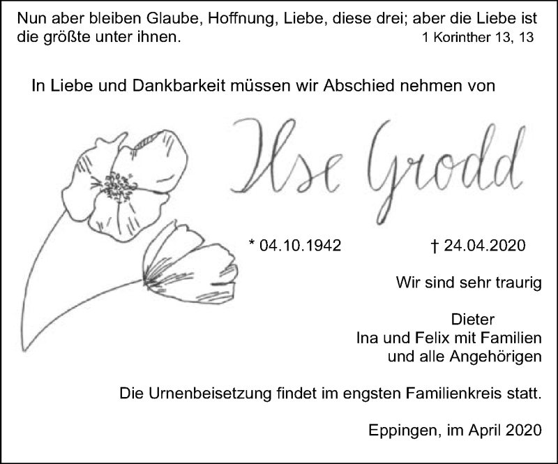  Traueranzeige für Ilse Grodd vom 28.04.2020 aus 