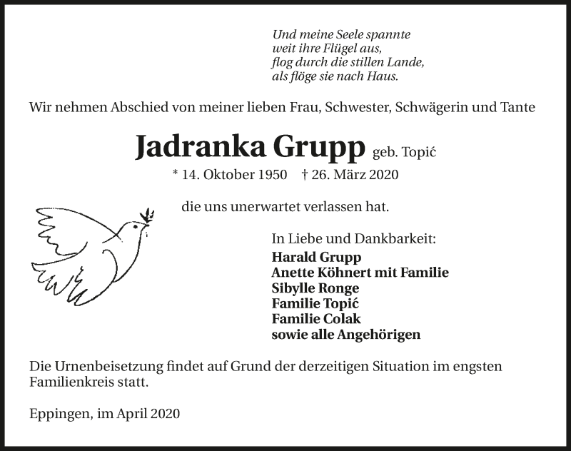  Traueranzeige für Jadranka Grupp vom 02.04.2020 aus 