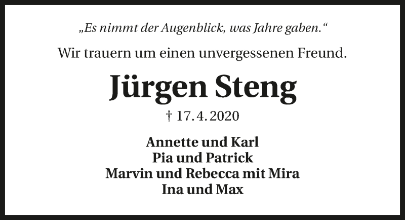  Traueranzeige für Jürgen Steng vom 28.04.2020 aus 