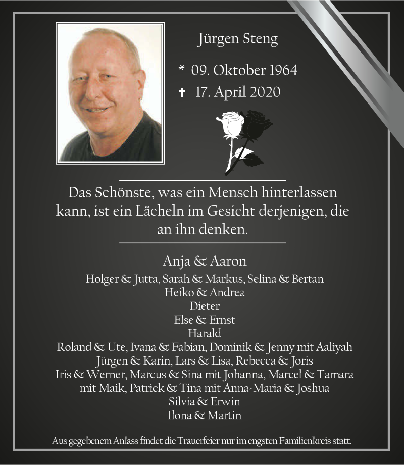  Traueranzeige für Jürgen Steng Steng vom 24.04.2020 aus 