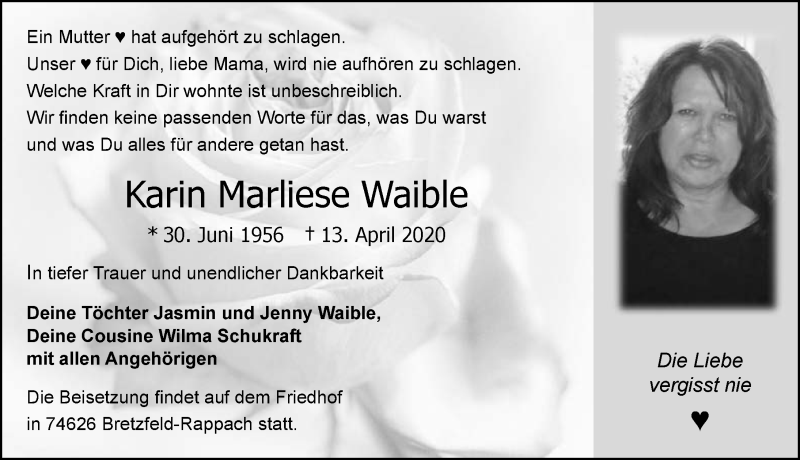  Traueranzeige für Karin Marliese Waible vom 18.04.2020 aus 