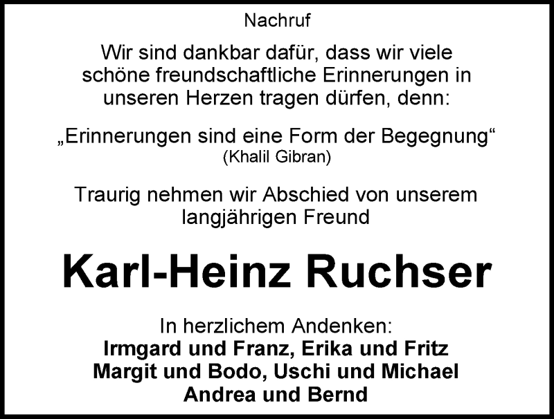  Traueranzeige für Karl-Heinz Ruchser vom 11.04.2020 aus 