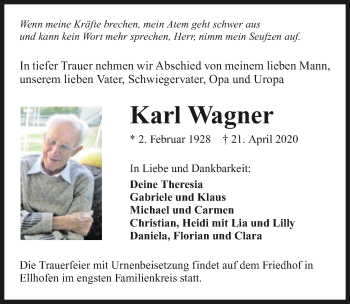 Traueranzeige von Karl Wagner 