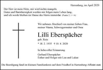 Traueranzeige von Lilli Eberspächer 