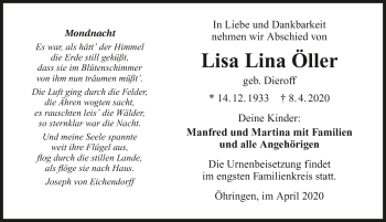 Traueranzeige von Lisa Lina Öller 