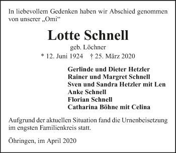 Traueranzeige von Lotte Schnell 