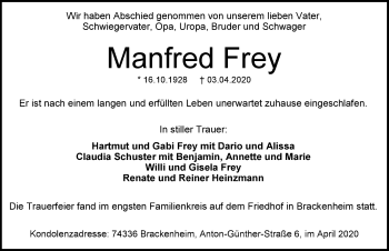 Traueranzeige von Manfred Frey 