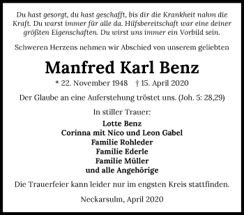 Traueranzeige von Manfred Karl Benz 