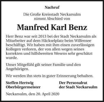 Traueranzeige von Manfred Karl Benz 